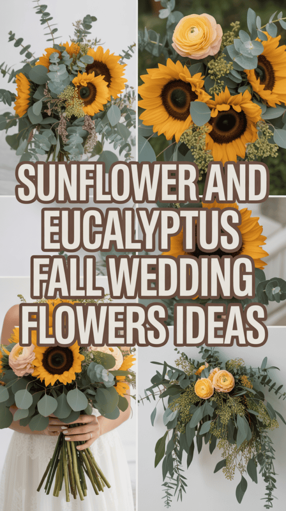 A collage of sunflower and eucalyptus wedding bouquets with the text "Sunflower and Eucalyptus Fall Wedding Flowers Ideas."