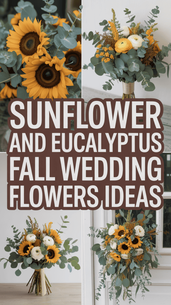 Sunflower and eucalyptus wedding bouquets in a collage with the text "Sunflower and Eucalyptus Fall Wedding Flowers Ideas."