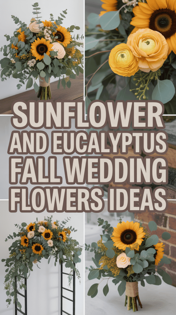 Bouquets with sunflowers, eucalyptus, and roses in a collage promoting fall wedding flower ideas.