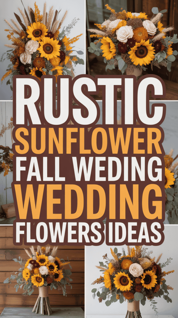 Collage of rustic sunflower wedding flower arrangements with text: "Rustic Sunflower Fall Wedding Flowers Ideas."