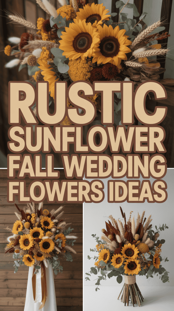 Bouquets of sunflowers, wheat, and fall foliage with text "Rustic Sunflower Fall Wedding Flowers Ideas."
