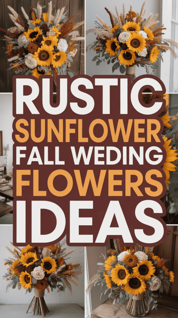 A collage of sunflower-themed rustic fall wedding flower arrangements with text overlay reading "Rustic Sunflower Fall Wedding Flowers Ideas."