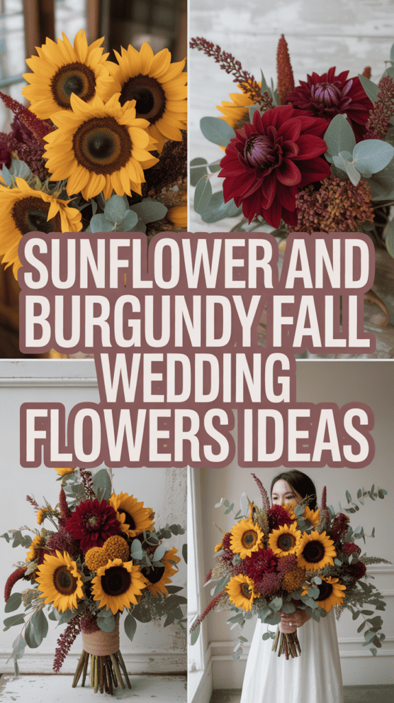 A collection of sunflower and burgundy flower arrangements for a fall wedding, with text in the center.