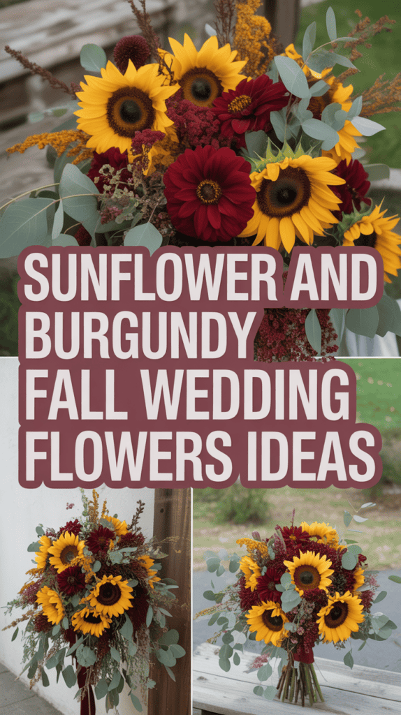 A collage of sunflower and burgundy bouquets, featuring large sunflowers and dark red flowers with greenery, set against a rustic backdrop.