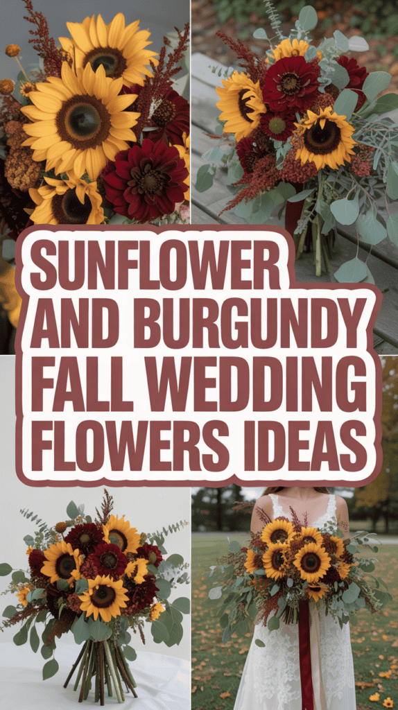 Collage of sunflower and burgundy floral arrangements, with bold text about fall wedding flower ideas.