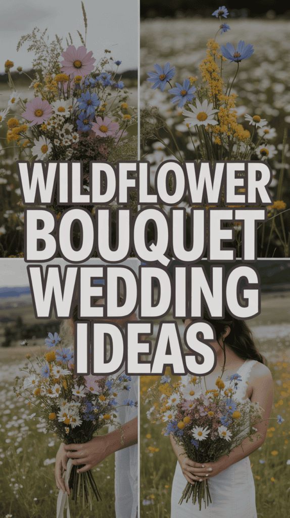 A person in a field holding a bouquet of wildflowers with overlaid text: "Wildflower Bouquet Wedding Ideas."