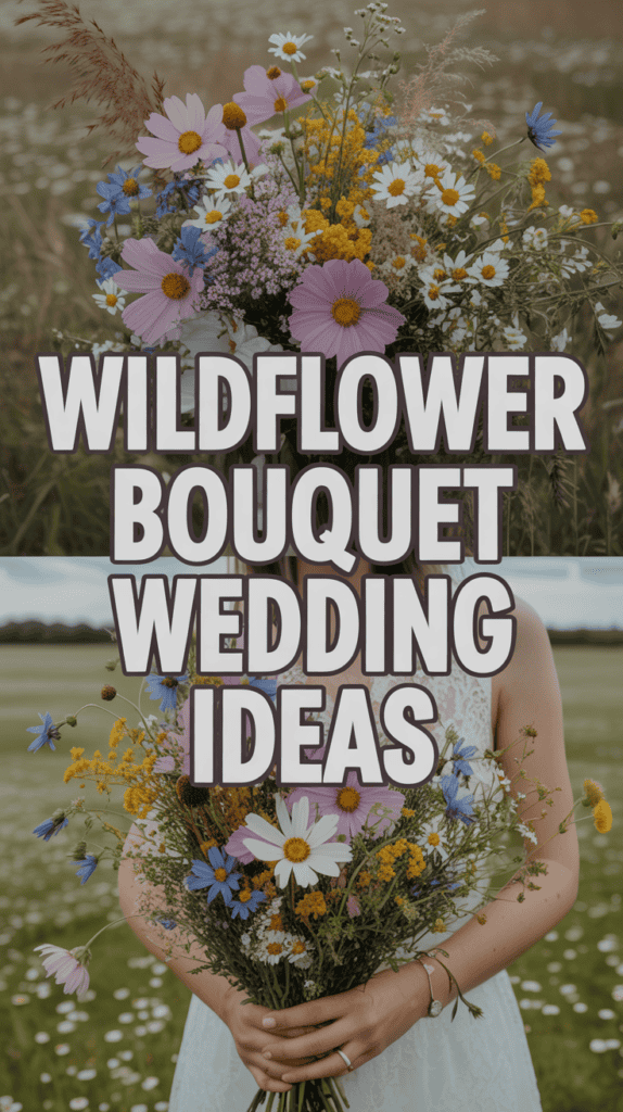 A person holds a bouquet of colorful wildflowers with overlaid text reading "Wildflower Bouquet Wedding Ideas."