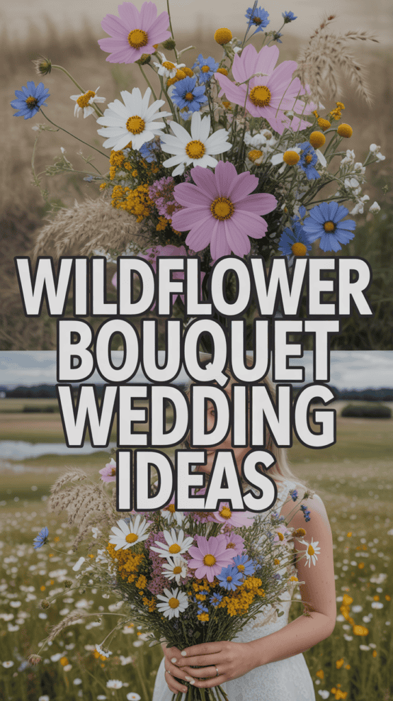 A person holds a colorful wildflower bouquet with large text reading "Wildflower Bouquet Wedding Ideas."