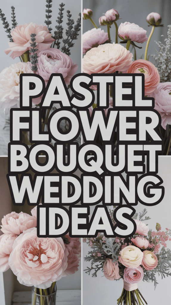 Collage of pastel flower bouquets with bold text overlay: "Pastel Flower Bouquet Wedding Ideas."