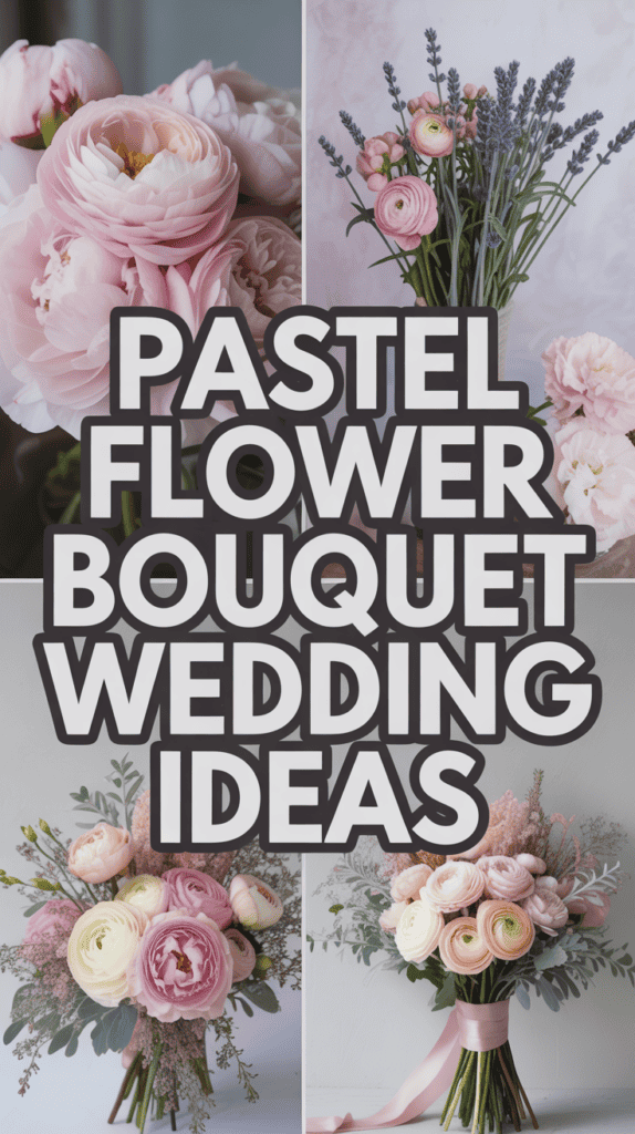 Four pastel flower bouquets with text "Pastel Flower Bouquet Wedding Ideas" in bold across the center.