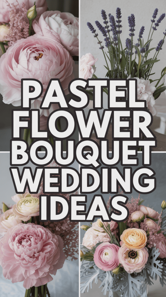 Pastel flower bouquets including roses, peonies, and lavender with bold text reading "Pastel Flower Bouquet Wedding Ideas."