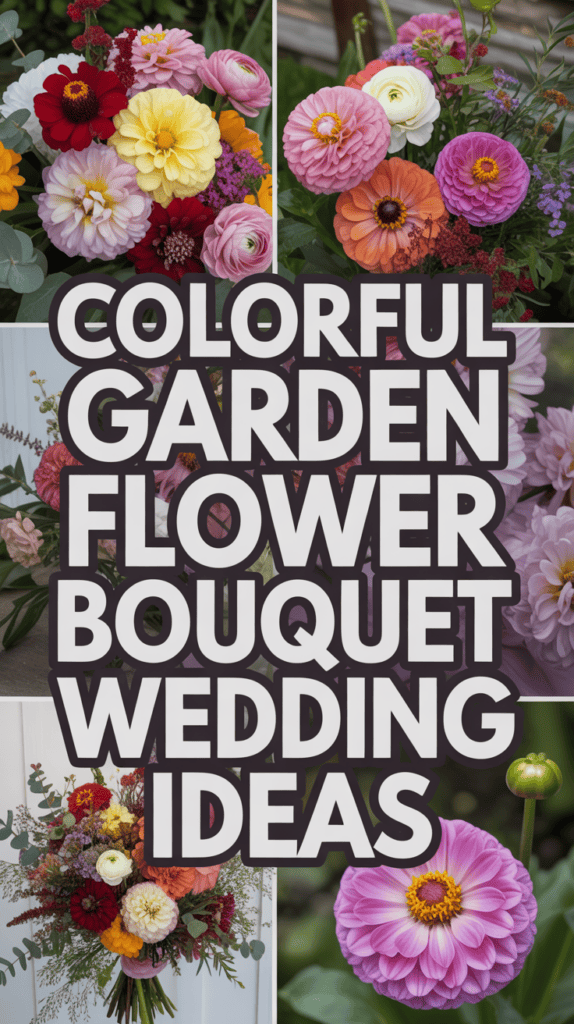 Collage of vibrant garden flower bouquets with zinnias and dahlias, featuring text: "Colorful Garden Flower Bouquet Wedding Ideas."