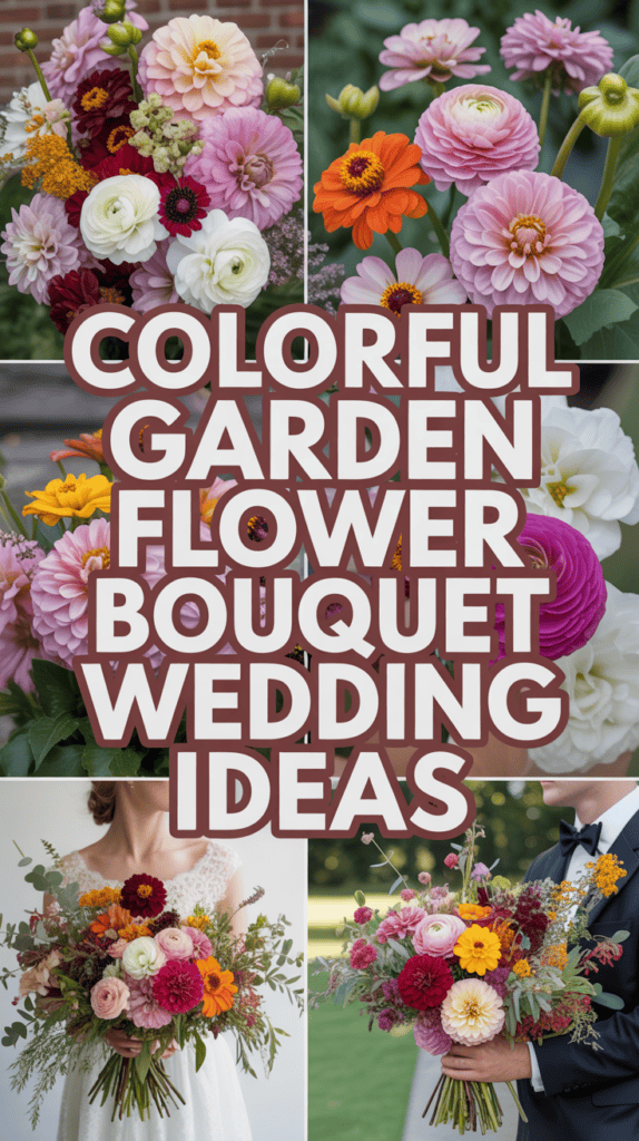 Collage of colorful garden flower bouquets with large text overlay reading "Colorful Garden Flower Bouquet Wedding Ideas."