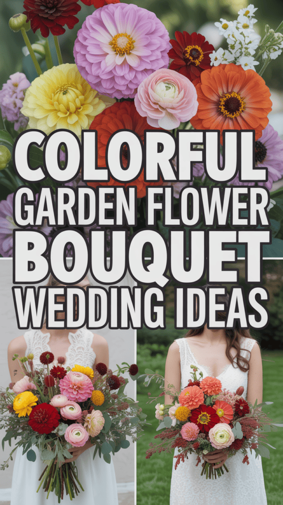 Colorful flower bouquet with text overlay reading "Colorful Garden Flower Bouquet Wedding Ideas" and two bouquets held by brides.