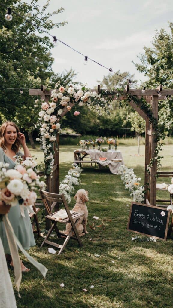 A rustic outdoor wedding setup with floral arch, string lights, and a chalkboard sign; a dog sits nearby on the grass.