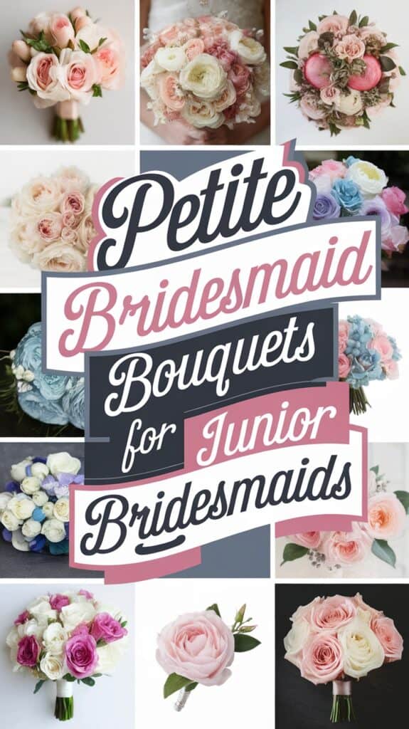 Collage of various petite bridesmaid bouquets in different styles and colors, with text highlighting "Petite Bridesmaid Bouquets for Junior Bridesmaids."