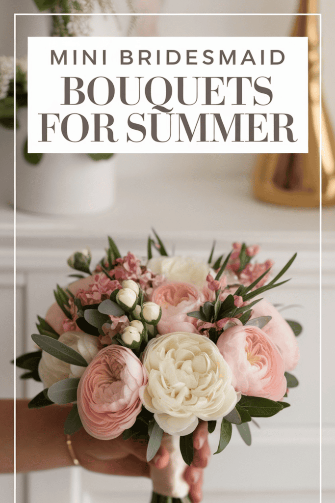 A hand holds a bouquet of pink and white flowers with green leaves, promoting "Mini Bridesmaid Bouquets for Summer."