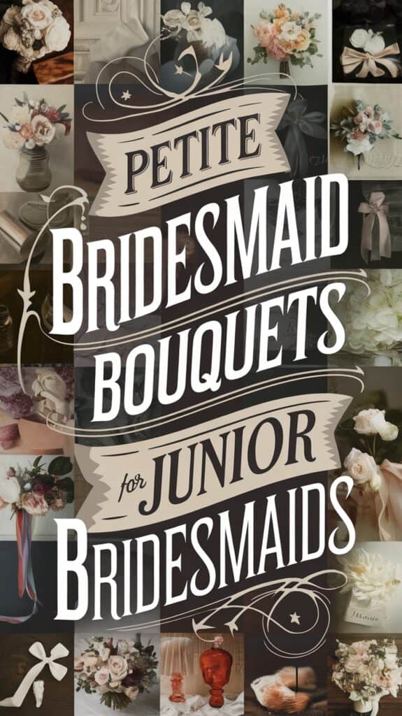 Collage of petite bridesmaid bouquets with the text "Petite Bridesmaid Bouquets for Junior Bridesmaids" in the center.