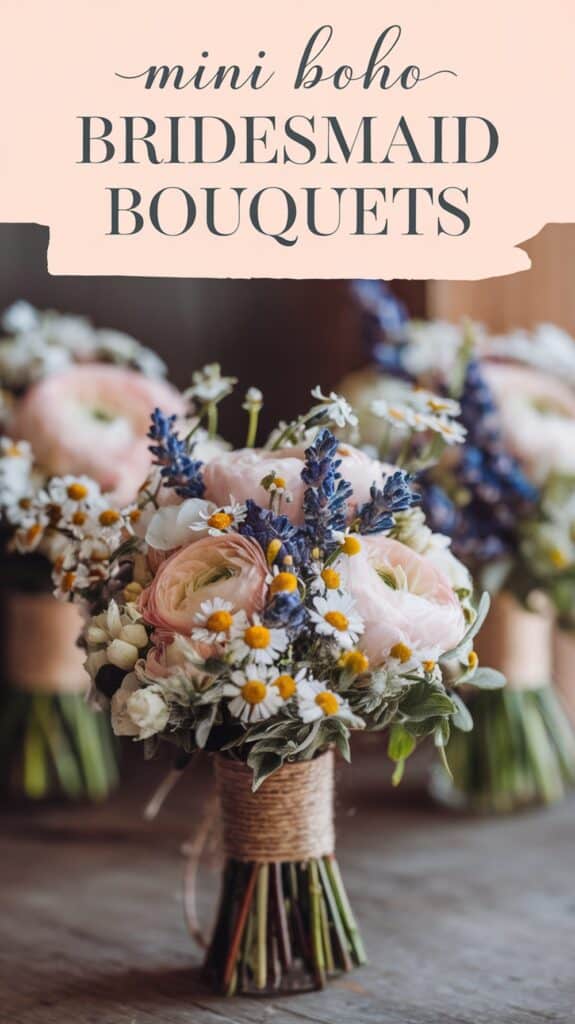 A small bouquet with pink roses, white daisies, and purple flowers, wrapped in twine, with "Mini Boho Bridesmaid Bouquets" text above.