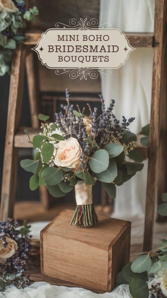 A boho-style bridesmaid bouquet with roses, lavender, and eucalyptus on a wooden box, with a sign reading "Mini Boho Bridesmaid Bouquets."
