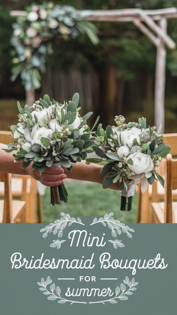 Two hands holding white and green floral bouquets, with a sign reading "Mini Bridesmaid Bouquets for summer".