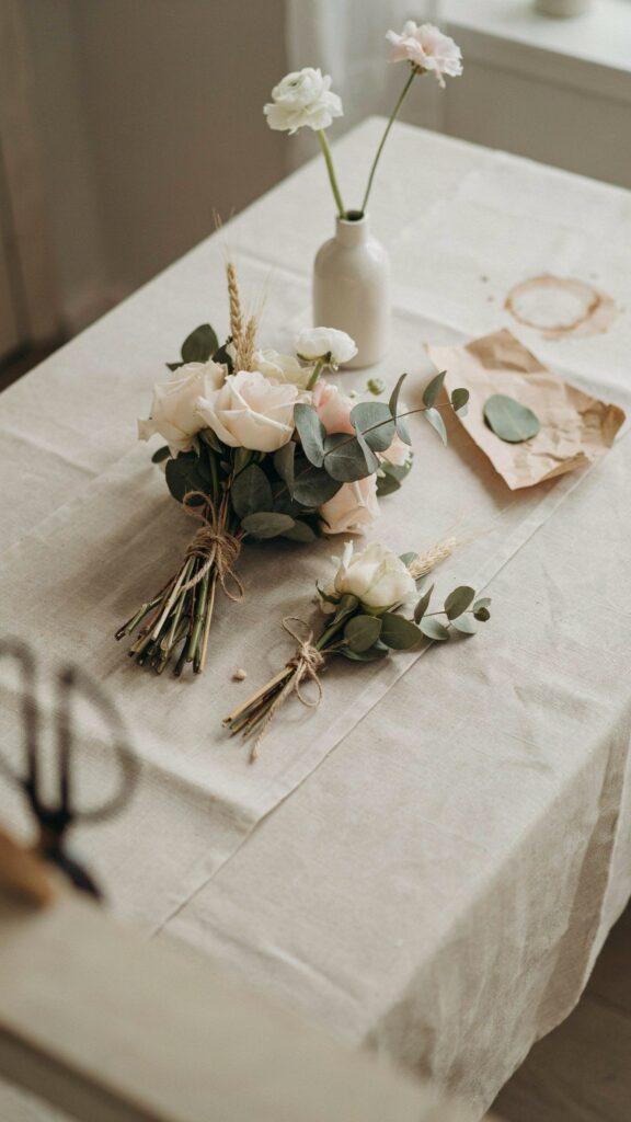 Bouquets of white roses with eucalyptus and wheat, tied with twine, on a linen-covered table beside a vase with single white flowers.