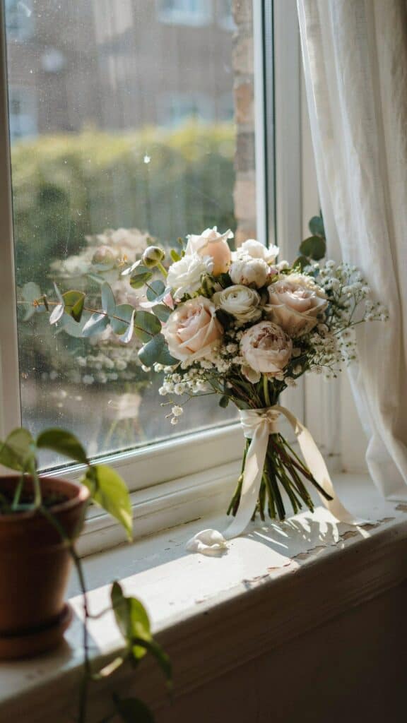 A bouquet of pale pink and white roses with greenery and baby's breath placed on a windowsill next to a potted plant.