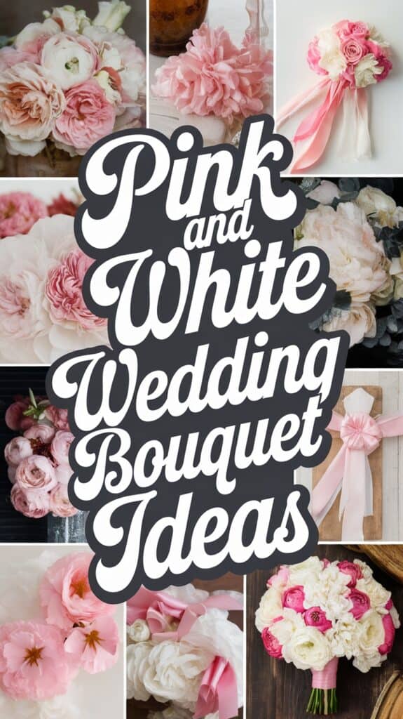 Collage of pink and white wedding bouquets with the text "Pink and White Wedding Bouquet Ideas" in bold lettering.