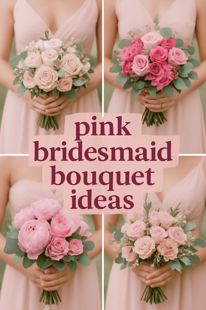 Four different bridal bouquets featuring pink roses and peonies arranged in a collage with the text "pink bridesmaid bouquet ideas."