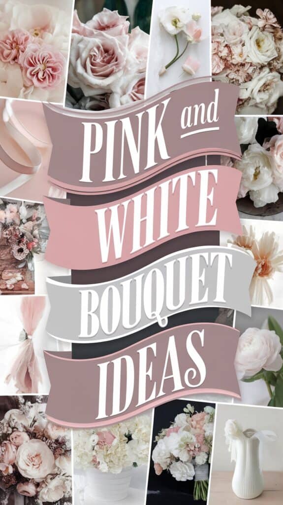 Collage of pink and white floral bouquets with the text "Pink and White Bouquet Ideas" in the center.