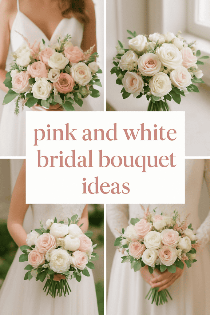 Collage of pink and white bridal bouquets with roses and greenery.