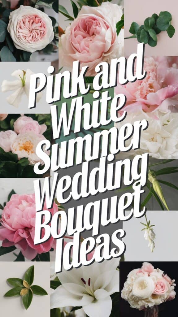 Collage of pink and white flowers with text: "Pink and White Summer Wedding Bouquet Ideas."