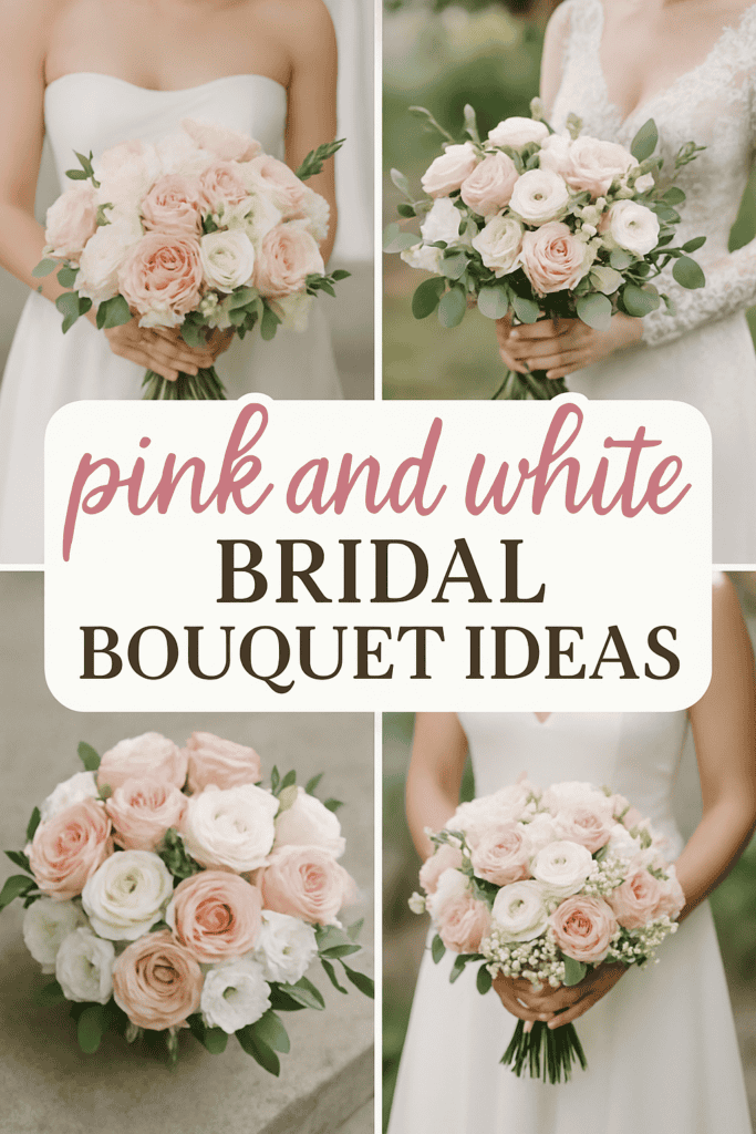 Four bridal bouquets with pink and white roses and text overlay: "pink and white bridal bouquet ideas."