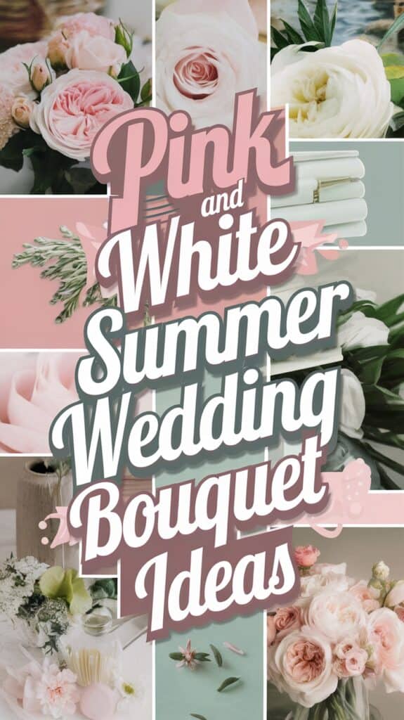 Collage of pink and white flowers with text "Pink and White Summer Wedding Bouquet Ideas."