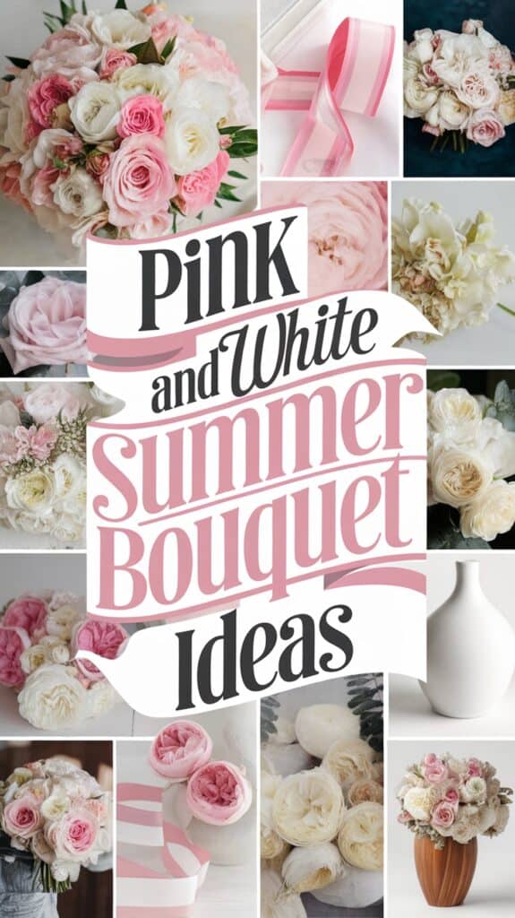 Collage of pink and white flower arrangements with text reading "Pink and White Summer Bouquet Ideas."