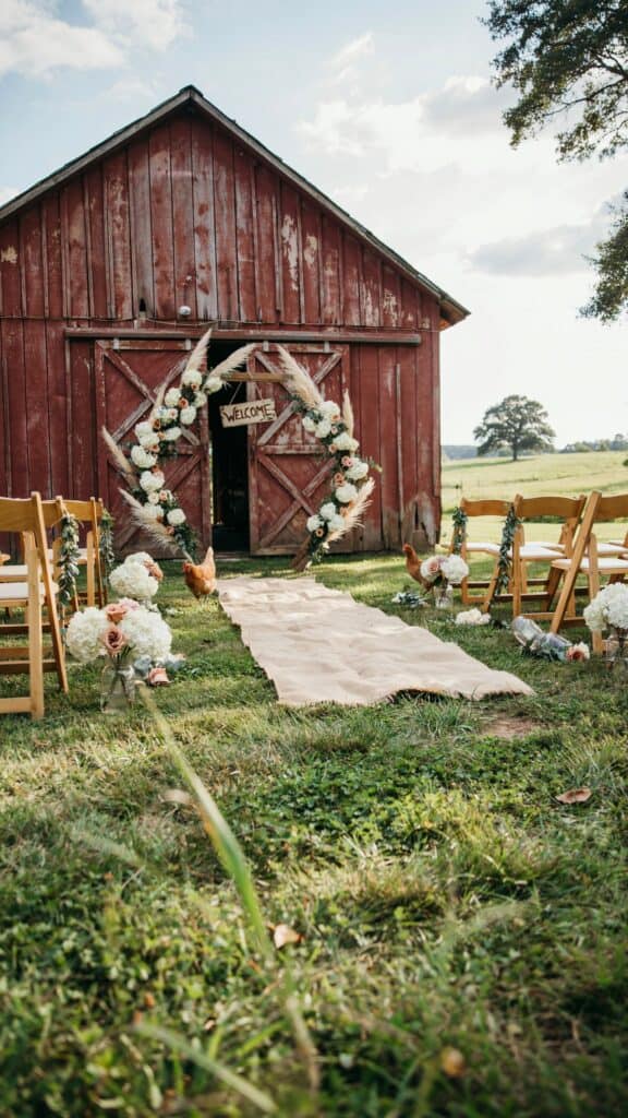 A rustic red barn with a floral arch set up for an outdoor wedding ceremony, surrounded by chairs and a burlap aisle runner.