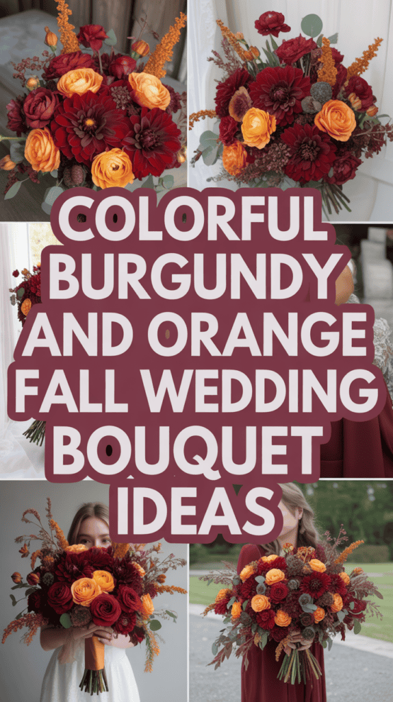 Collage of vibrant burgundy and orange fall wedding bouquets with various floral arrangements.