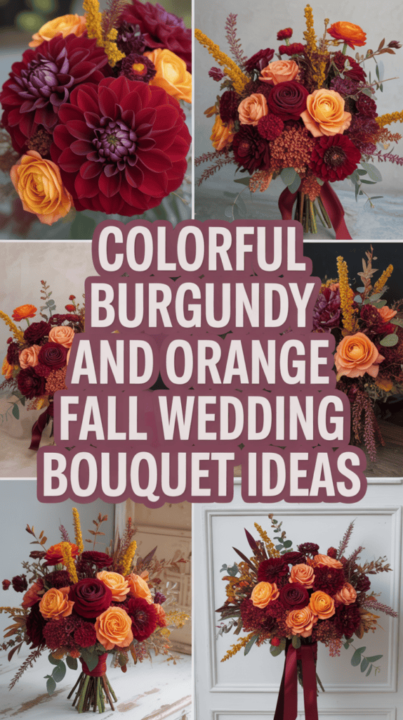 Various bridal bouquets featuring burgundy and orange flowers with text overlay about fall wedding bouquet ideas.