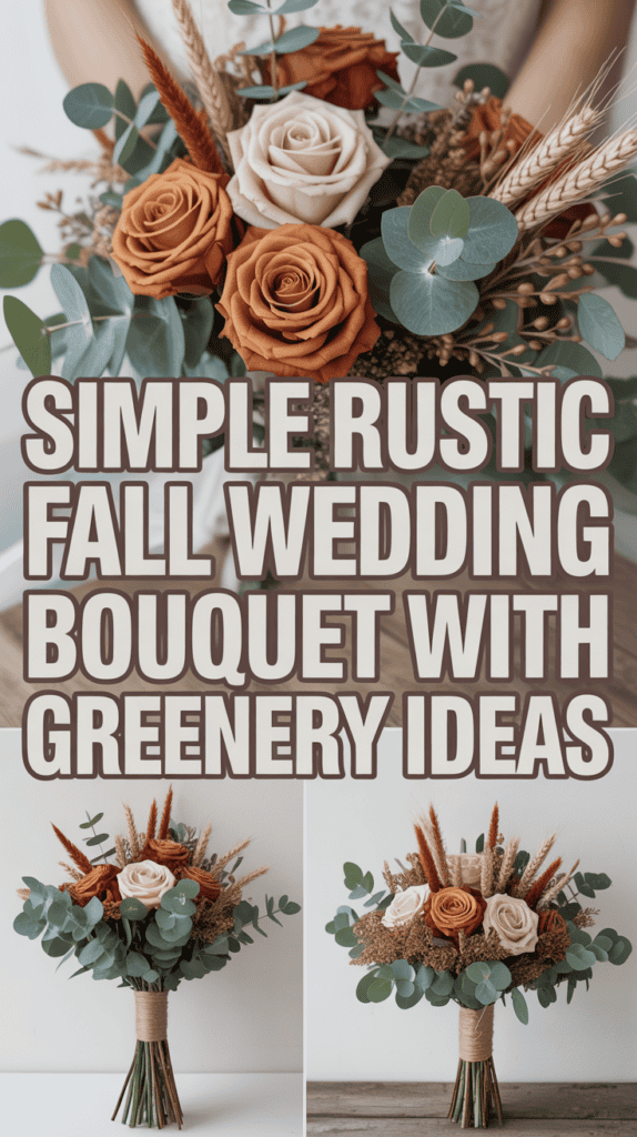 A rustic fall wedding bouquet featuring roses, greenery, and wheat arranged in a natural, earthy style.