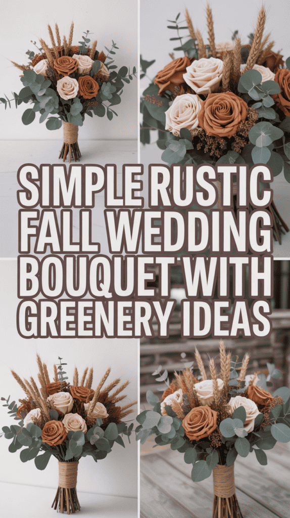 A rustic fall wedding bouquet with pink and brown roses, eucalyptus, and wheat stems, accompanied by the text "Simple Rustic Fall Wedding Bouquet with Greenery Ideas."