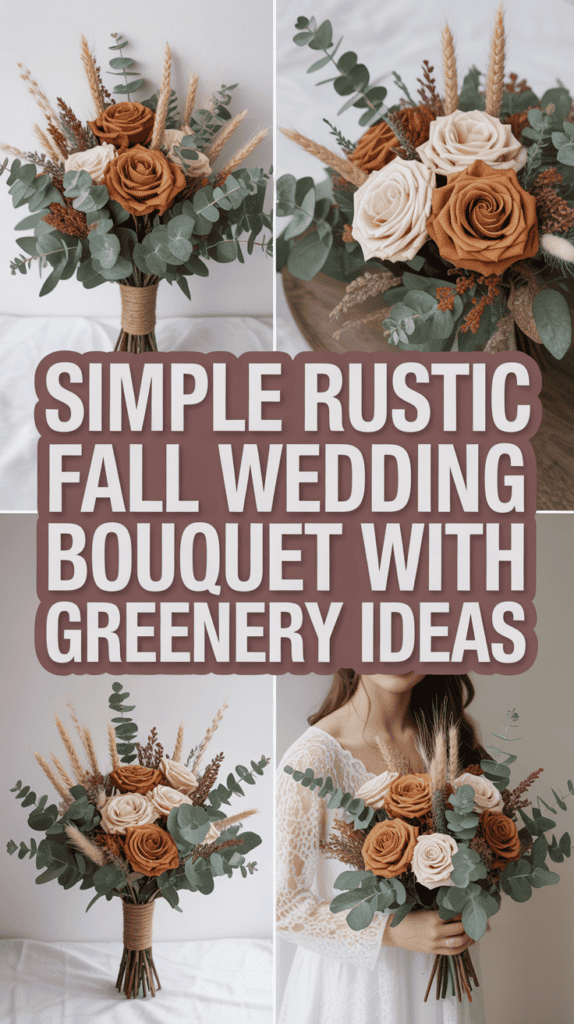 A rustic wedding bouquet with peach and cream roses, eucalyptus, and wheat accents against a collage-style backdrop with text.