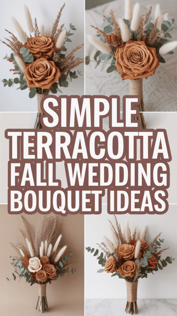 A collage of terracotta-themed fall wedding bouquets with roses, pampas grass, and eucalyptus.