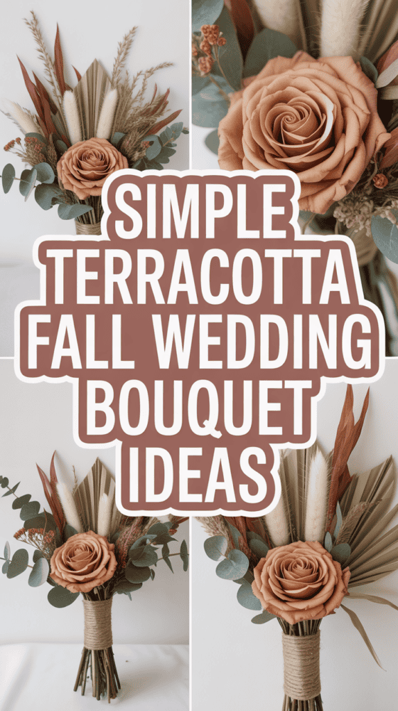A collage of terracotta-colored fall wedding bouquets with roses, dried leaves, and rustic elements, featuring the text "Simple Terracotta Fall Wedding Bouquet Ideas."