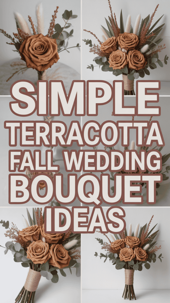 Collage of terracotta-themed wedding bouquets with roses, greenery, and pampas grass, overlaid with text about bouquet ideas.