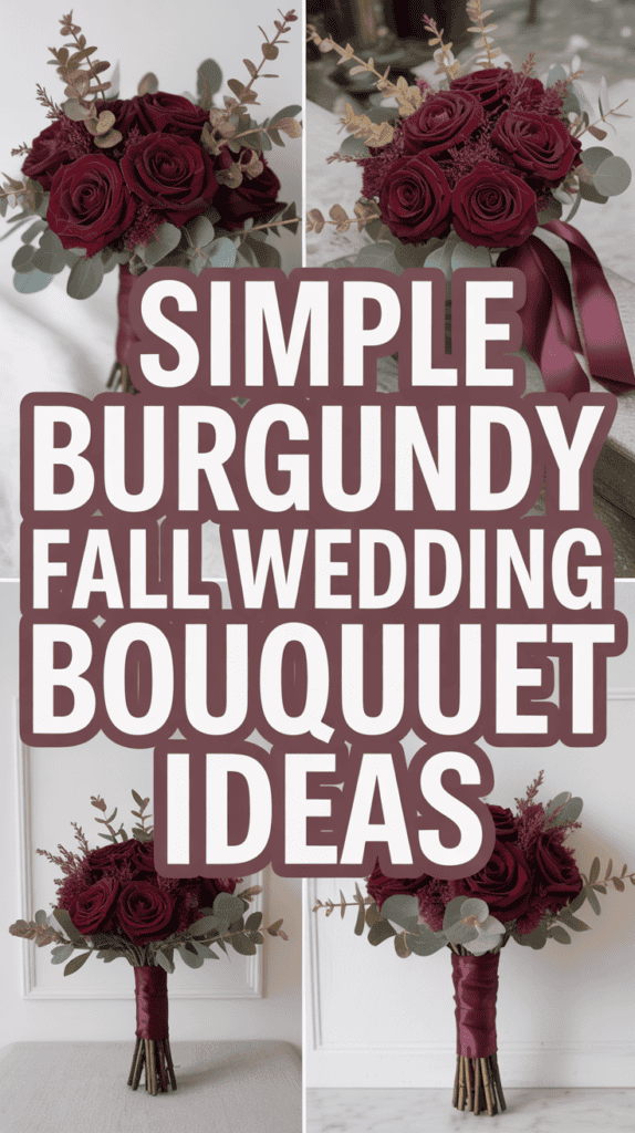 Collage of burgundy rose bouquets with eucalyptus, showcasing fall wedding ideas. Bold text reads: "Simple Burgundy Fall Wedding Bouquet Ideas."