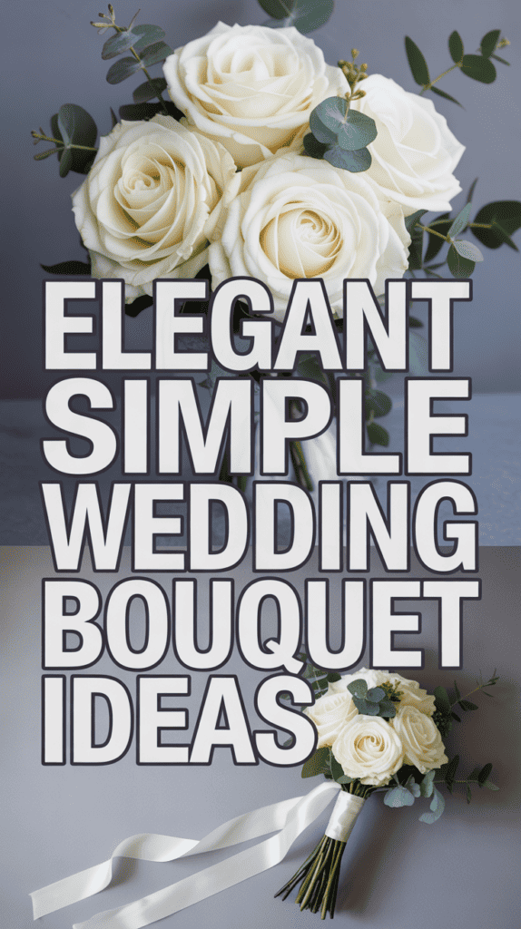 A bouquet of white roses and eucalyptus with text: "Elegant Simple Wedding Bouquet Ideas."