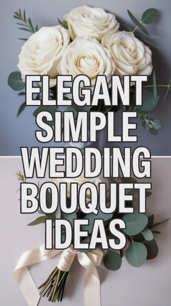 A bouquet of white roses with eucalyptus, captioned "Elegant Simple Wedding Bouquet Ideas."