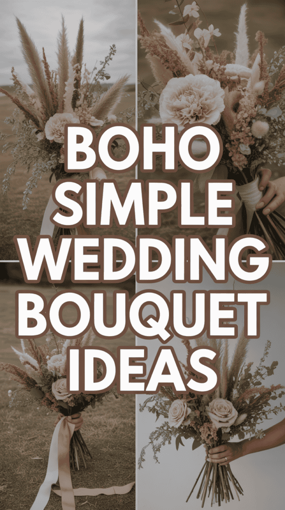 Collage of boho bouquets with pampas grass, roses, and ribbons, overlaid with text: "Boho Simple Wedding Bouquet Ideas."