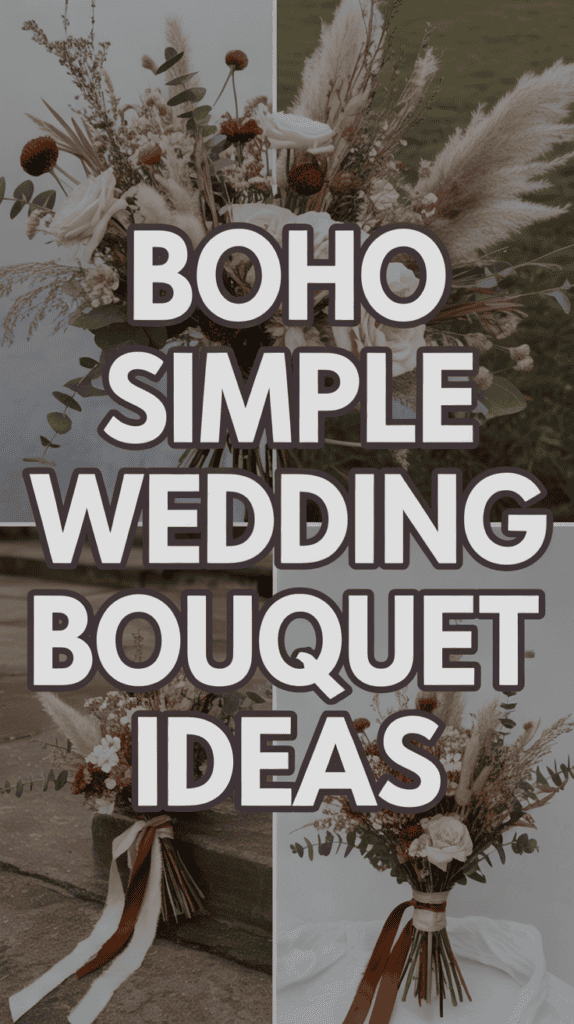 A collage of boho-style wedding bouquets with pampas grass and earthy tones, overlaid with the text "Boho Simple Wedding Bouquet Ideas."