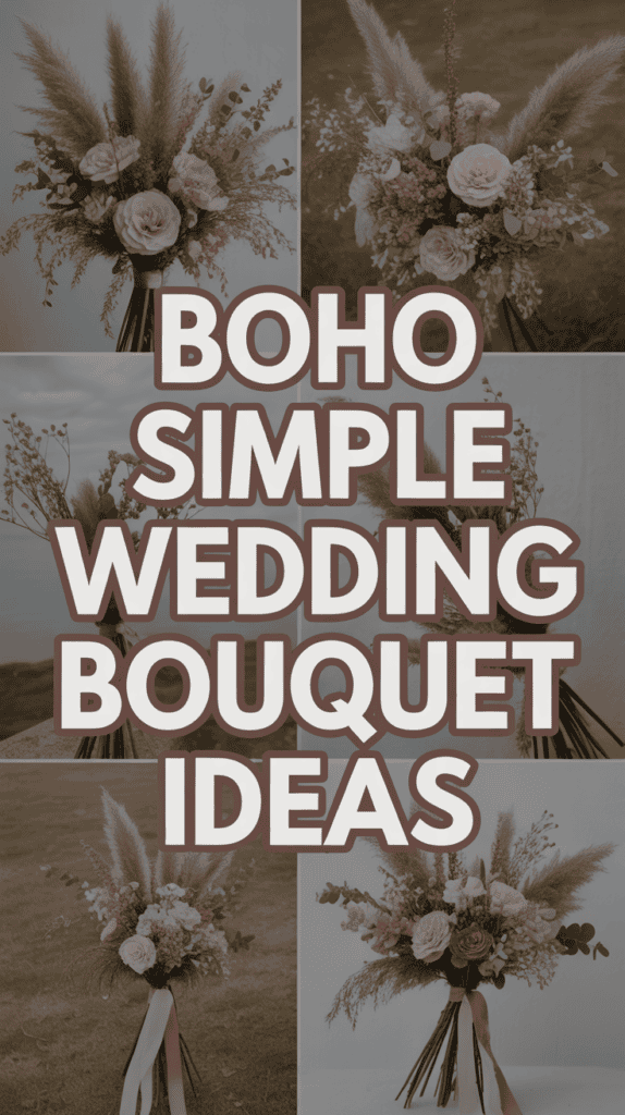 Collage of boho wedding bouquets featuring pampas grass and roses with "Boho Simple Wedding Bouquet Ideas" text overlay.